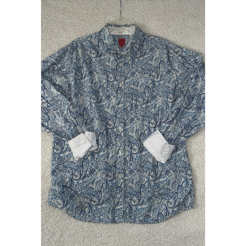 Saks Fifth Avenue RED Blue Paisley Button Up Dress Shirt 100% Cotton Men's LARGE